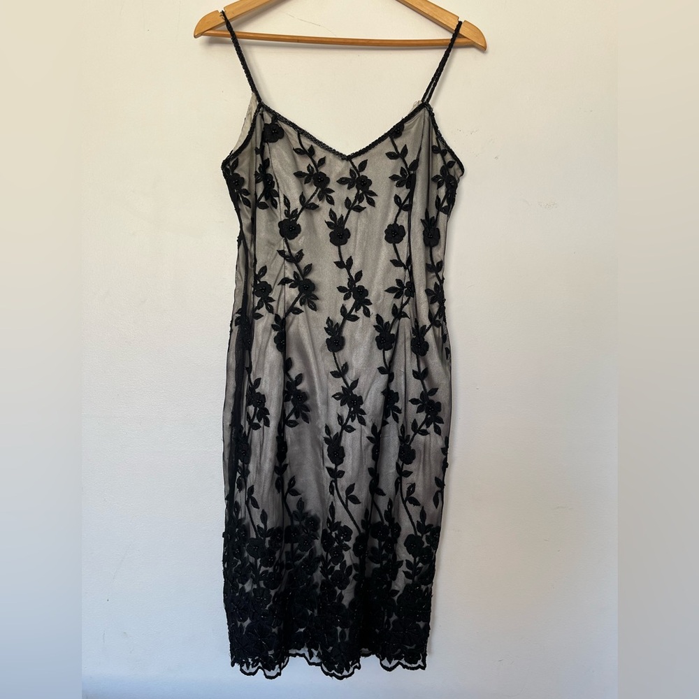Vintage Adrianna Papell black and silver beaded evening dress